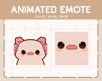 Puede incluir: Emoticono animado con un ajolote rosa con una expresión de sorpresa. El ajolote tiene grandes ojos negros, una boca rosa y volantes rosas alrededor de la cabeza. El emoticono está disponible en tres tamaños: 112x112, 56x56 y 28x28.