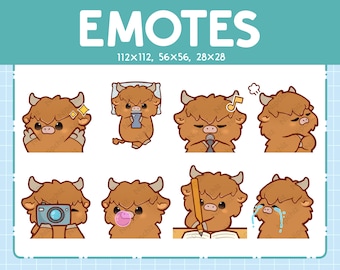 Highland Cow Emotes / Cute Emoji Pack / 8 Highland Cow Emotes for Streaming / Bundle Emotes