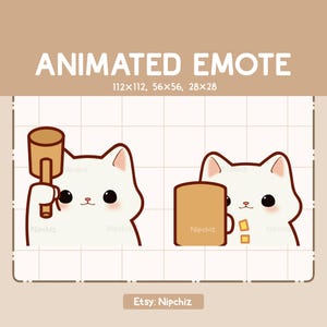 Animated Emote Cute White Cat is Knocking the Hammer - Cute Cartoon Emote - Ready to Use – Chibi Emote for Streaming