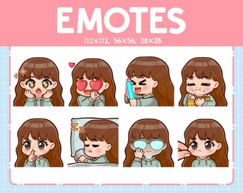 Emotes de garota Chibi para streaming / cabelo castanho – olhos castanhos (8) Pacote de emotes Kawaii / Cute Girl