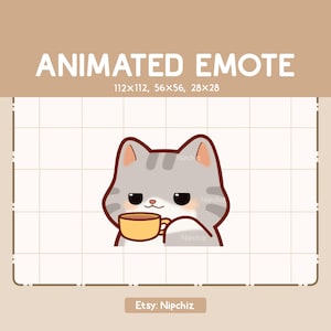Animated Emote Gray Tabby Cat is Sipping a Cup of Tea / Chibi Funny Emote / Emote for Streaming / Cartoon Emote