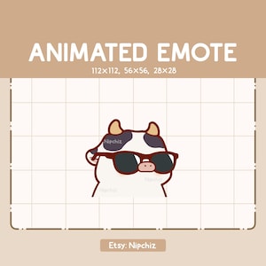 Emoticono animado de vaca chibi con gafas de sol negras que vibra moviendo la cabeza hacia adelante y hacia atrás / Emoticono de dibujos animados kawaii
