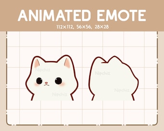 May include: Animated emote of a white cat with brown eyes and a pink nose. The cat is shown in two different poses, one facing forward and the other facing backward. The emote is available in three sizes: 112x112 pixels, 56x56 pixels, and 28x28 pixels.