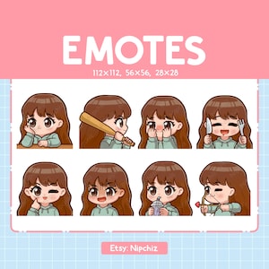 Kawaii Girl Emotes (8) / Brown Hair / Cute Emotes for Streamer / Brown Eyes/ Chibi Girl Emoji Bundle