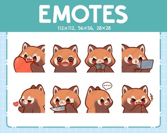 May include: A set of eight red panda emoticons with different expressions, including blushing, surprised, and laughing. The emoticons are in various sizes, ranging from 28x28 pixels to 112x112 pixels.