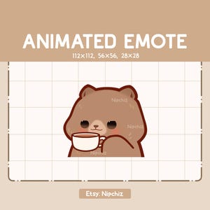 Animated Emote Grizzly Bear is Sipping a Cup of Tea - Adorable Chibi Emote - Kawaii Cartoon Emote