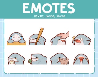May include: A set of eight cartoon shark emotes in various poses, including crying, holding a baseball bat, reading a book, and drinking coffee. The emotes are in different sizes, with the largest being 112x112 pixels and the smallest being 28x28 pixels. The emotes are designed in a cute and playful style, with bright colors and simple lines.