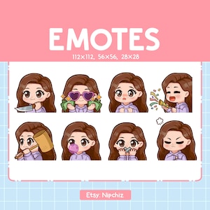 Cute Girl Long Straight Brown Hair Emotes 8 Pack / Chibi Girl Emotes for Streamer / Brown Eyes Kawaii Emoji Set