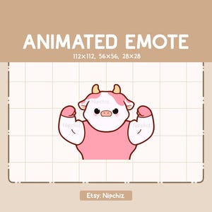 Animowana emotka Różowa Krowa Napinająca Mięśnie / Kawaii Słodka Emotka / Emotka do Streamingu / Słodka Emotka z Kreskówek