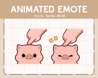 May include: Animated emote of a pink pig with a hand petting its head. The pig has a small snout and large eyes. The emote is available in three sizes: 112x112, 56x56, and 28x28.