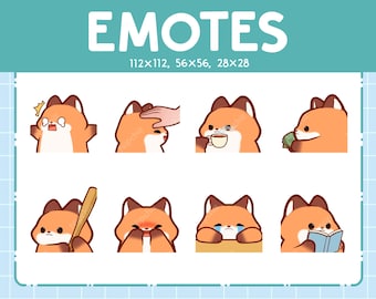 Könnte beinhalten: Satz von neun Fuchs-Emojis mit verschiedenen Ausdrücken, darunter überrascht, schläfrig, errötend, weinend und lesend. Die Emojis sind in verschiedenen Größen, 112x112, 56x56 und 28x28 Pixel.