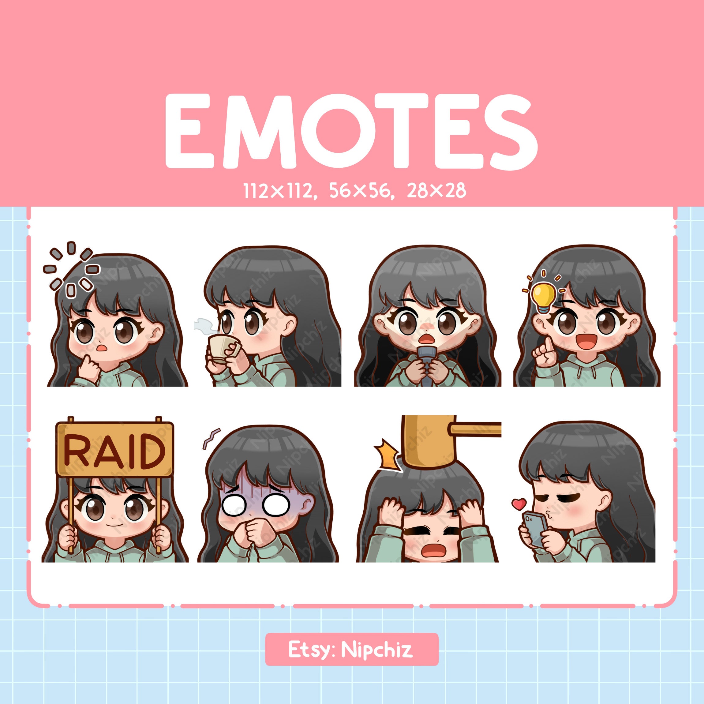 Chibi girl Emotes/Black Hair Girl/Cute Emoji Pack | 8 Girl Emotes for Streaming |Brown Eyes Emote