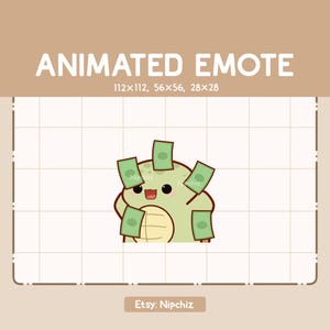 以下が含まれることがあります： お金のシンボルが付いた緑色の生き物の漫画画像。「ANIMATED EMOTE」というテキストが上部にあり、その下にサイズが表示されています。Etsyショップ名「Nipchiz」が一番下にあります。
