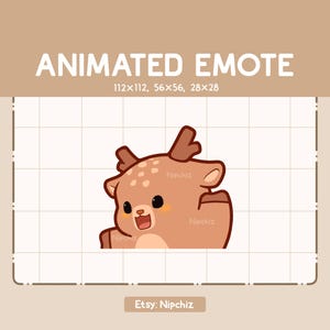 May include: Animated emote of a brown deer with white spots, looking to the left and smiling with its mouth open. The deer has large, black eyes and a small, pink nose. The deer is wearing a brown headband with two antlers.