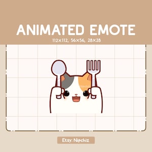 Könnte beinhalten: Animierter Emote mit einer Cartoon-Katze, die einen Löffel und eine Gabel hält. Die Katze hat ein weißes Gesicht mit grauen und orangefarbenen Flecken. Der Text "ANIMATED EMOTE" steht oben, mit Größenangaben. Der Etsy-Shop-Name "Nipchiz" steht unten.