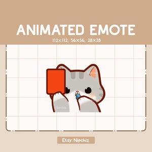 Gesto animado de gato atigrado gris chibi que toca un silbato y muestra una tarjeta roja / Gesto de dibujos animados kawaii / Gesto chibi para transmisor / Listo para usar