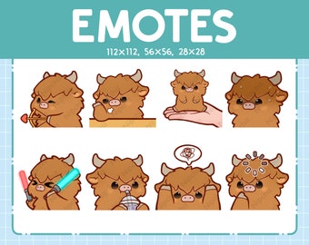 Chibi Highland Cow Emotes for Streaming - (8) kawaii Emotes – Cute Highland Cow Emote Bundle – Funny Emotes