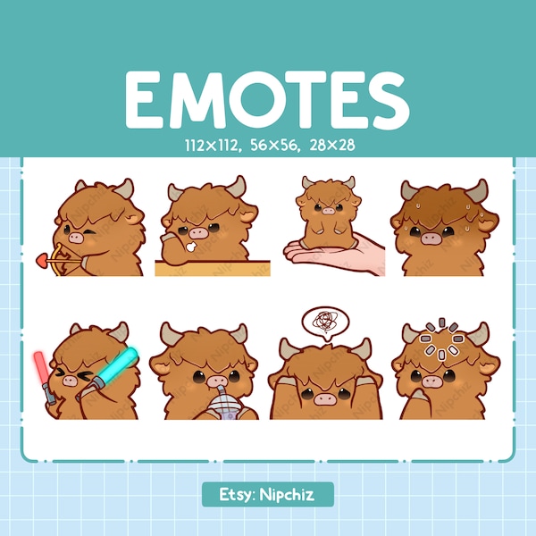 Chibi Highland Cow Emotes for Streaming - (8) kawaii Emotes – Cute Highland Cow Emote Bundle – Funny Emotes