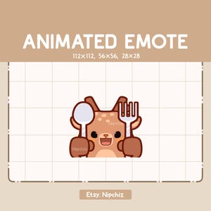 May include: A cartoon deer character holding a spoon and fork, with the text "ANIMATED EMOTE" above. The image includes the dimensions 112x112, 56x56, and 28x28. The Etsy shop name "Nipchiz" is also displayed.