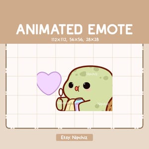 Puede incluir: Emoticono animado de una tortuga verde con un corazón rosa y una taza azul. La tortuga lleva un caparazón marrón y tiene una nariz y una boca rosas. El texto "Nipchiz" aparece en el caparazón de la tortuga.