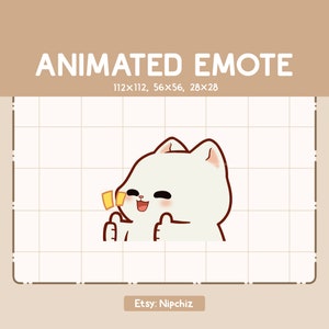 Animated Emote Adorable Chibi White Cat Thumb Hand and Approve Emote - Cute Emote - Kawaii Cartoon Animal