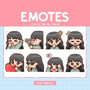 Black Hair | Chibi Girl Emotes for Streaming (8) Kawaii Cute Girl  | Brown Eyes | Emoji Pack for Streamer