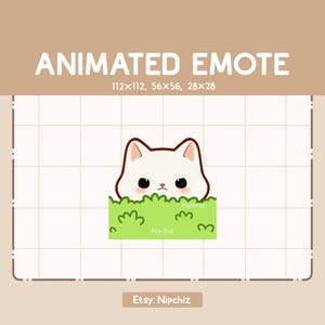 Emote animado: Gato blanco escondido que aparece entre los arbustos / Adorable emote chibi / Emote de dibujos animados para streaming
