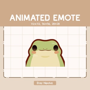 May include: Animated emote of a green frog with brown eyes and a brown outline. The frog is smiling and has a light green belly. The emote is available in three sizes: 112x112 pixels, 56x56 pixels, and 28x28 pixels.
