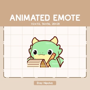 Animated Emote Chibi Green Dragon is Taking a Note / Ready to Use / Cute Funny Emote