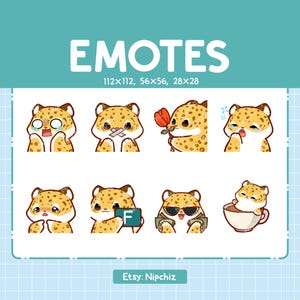 Może przedstawiać: Zestaw dziewięciu cyfrowych emotikonów przedstawiających kreskówkowego lamparta z różnymi wyrażeniami. Emotikony są w różnych rozmiarach: 112x112, 56x56 i 28x28. Emotikony obejmują wyrażenia takie jak zaskoczenie, płacz, zakrywanie ust, trzymanie kwiatu, wyciąganie języka, trzymanie litery F, noszenie okularów przeciwsłonecznych i trzymanie pieniędzy oraz picie z kubka.