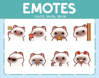 Siamese Cat Emotes for Streaming | Kawaii Animal Emoji | (8) Cute Siamese Cat Emote Pack