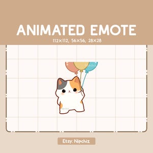 Animated Emote Chibi Calico Cat is Holding a Bunch of Colorful Balloons and Flying - Chibi Cartoon Emote - Ready to Use - Funny Emote