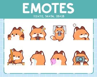 May include: A set of nine fox emoticons in various poses, including singing, sleeping, crying, and taking a photo. The emoticons are in different sizes, with the largest being 112x112 pixels and the smallest being 28x28 pixels.