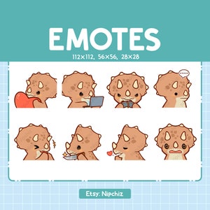 Lot de 8 émoticônes tricératops / émoticônes dinosaures chibi pour streamer / lot d'emoji kawaii