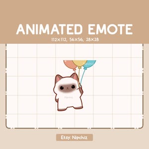 Animated Emote Chibi Siamese Cat is Holding a Bunch Of Colorful Balloons And Flying - Cute Cartoon Emote - Ready to Use