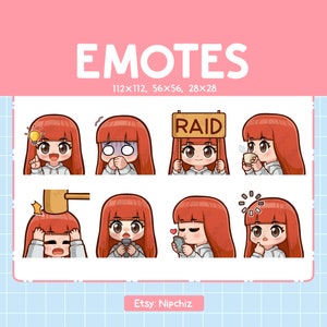 Chibi girl Emotes / Straight Red Hair with Bangs / Cute Emoji Pack | 8 Girl Emotes for Streaming |Brown Eyes Emote