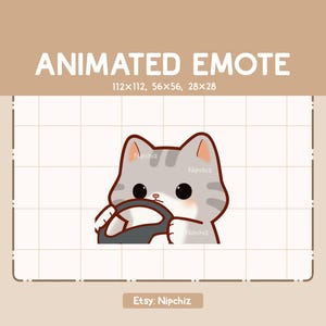 Animated Emote Chibi Gray Tabby Cat is Steering Wheel - Adorable Cartoon Emote - Chibi Kawaii Emote - Ready to Use