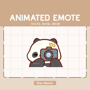 Gesto animado: Panda lindo está tomando una foto con su cámara. Gesto de dibujos animados lindo. Listo para usar. Gesto Chibi para transmisión.