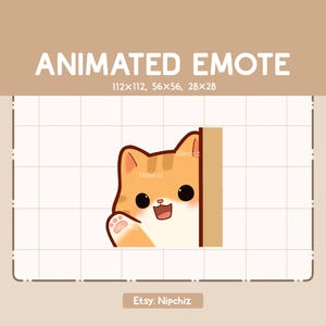 Animated Emote Orange Tabby Cat is Greeting You by Waving His Hand from Behind a Wall - Chibi Cartoon Emote - Ready to Use