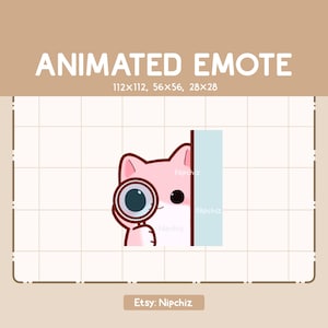 Animated Emote Chibi Curious Pink Cat with Magnifying Glass is Examining from Behind the Wall / Cartoon Emote
