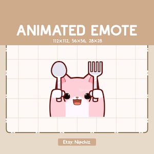 Könnte beinhalten: Ein rosa-weißes Cartoon-Kätzchen, das einen Löffel und eine Gabel hält, mit dem Text "ANIMATED EMOTE" darüber. Das Bild enthält den Etsy-Shop-Namen "Nipchiz".