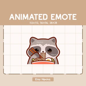 Animierter Emote Waschbär isst Ramen-Nudeln - süßes Cartoon Emote - Gebrauchsfertig – Chibi Emote zum Streamen