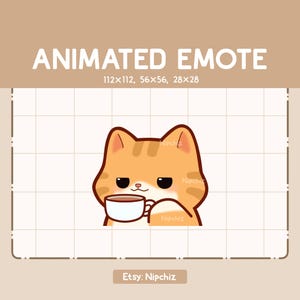 Animated Emote Orange Tabby Cat is Sipping a Cup of Tea - Cute Funny Emote - Ready to Use - Kawaii Emote