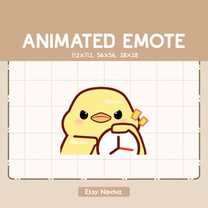 Könnte beinhalten: Animiertes Emoji eines gelben Küken mit wütenden Augen, das eine Uhr mit einem roten Zeiger hält. Das Küken trägt einen braunen Umriss und hat einen rosa Rouge auf den Wangen. Der Text "Nipchiz" erscheint zweimal auf dem Bild.