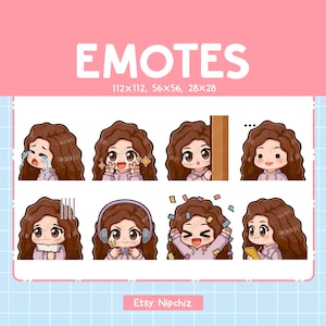 Cute Girl Emotes (8) | Brown Curly Hair | Brown Eyes, Emoji for streaming, Kawaii Emote Pack