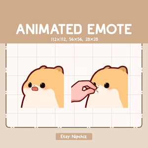 Op de afbeelding: Geanimeerde emote van een cartoon hamster met een verraste uitdrukking. De hamster is lichtbruin met een witte buik en heeft een roze neus. De hamster kijkt naar links. De emote is beschikbaar in drie formaten: 112x112, 56x56 en 28x28.