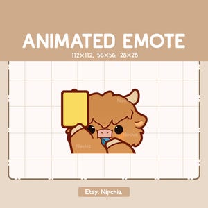 Emote animée Adorable vache des Highlands qui souffle dans un sifflet et tient un carton jaune - Emote drôle de bande dessinée - Prête à l'emploi