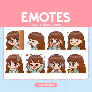 Cute Girl Emotes (8) / Brown Hair / Brown Eyes, Emoji for streaming, Kawaii Emote Pack