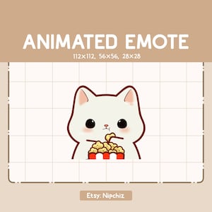 Animated Emote White Cat is Eating a Cup of Popcorn - Emote for Streaming - Cute Cartoon Emote