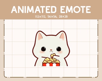 May include: Animated emote of a white cat with big eyes eating popcorn from a red and white striped bucket.